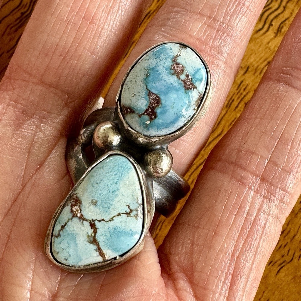 Navajo Blue Golden Hills Turquoise Ring Sz 7 Adjustable Two Stone Signed G‎ Nez